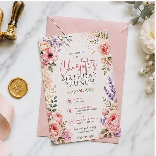 Editable Wildflower Birthday Invitation Canva Template, Pink Boho Floral Girls Cute Modern Fun DIY Party Invite, Printable Digital Download.