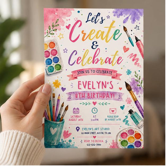 Editable Art Paint Birthday Invitation Canva Template, Girls Cute Modern Fun Themed DIY Sweet Chic Party Invite, Printable Digital Download.