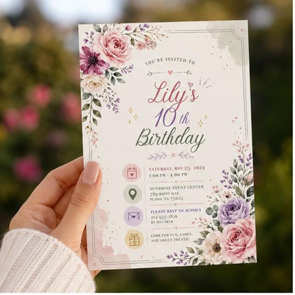 Editable Wildflower Birthday Invitation Canva Template, Floral Girls Kids Teens Cute Fun DIY Sweet Party Invite, Printable Digital Download.