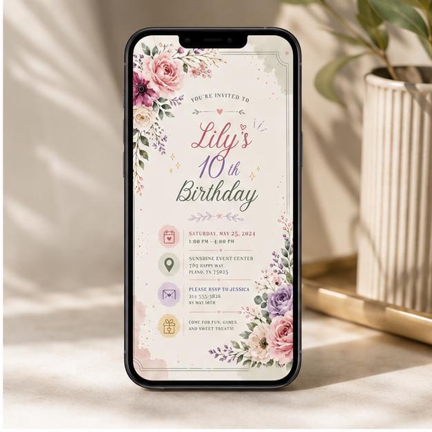 Editable Wildflower Birthday Invitation Canva Template, Floral Girls Kids Teens Cute Fun DIY Sweet Party Invite, Printable Digital Download.