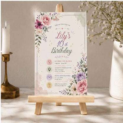 Editable Wildflower Birthday Invitation Canva Template, Floral Girls Kids Teens Cute Fun DIY Sweet Party Invite, Printable Digital Download.