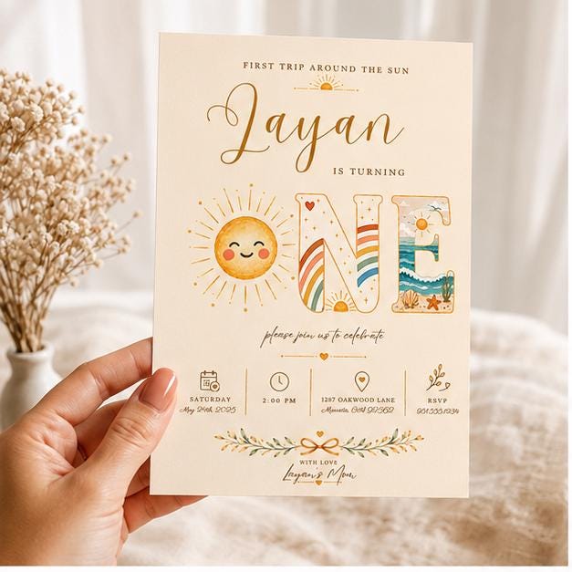 Editable Rainbow Birthday Invitation Canva Template, Boho Girls Kids Cute Modern Fun DIY Chic Teen Party Invite, Printable Digital Download.