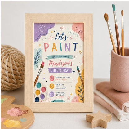 Editable Art Paint Party Invitation Canva Template, Neon Girls Cute Modern Fun Themed Custom DIY Sweet Chic Kids Printable Digital Download.