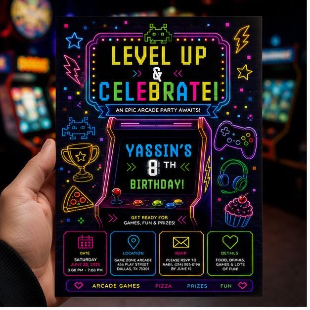 Editable Gamer Birthday Invitation Canva Template, Blue Green Neon Boys Cute Modern Fun Themed DIY Party Invite, Printable Digital Download.