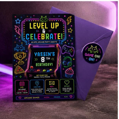 Editable Gamer Birthday Invitation Canva Template, Blue Green Neon Boys Cute Modern Fun Themed DIY Party Invite, Printable Digital Download.