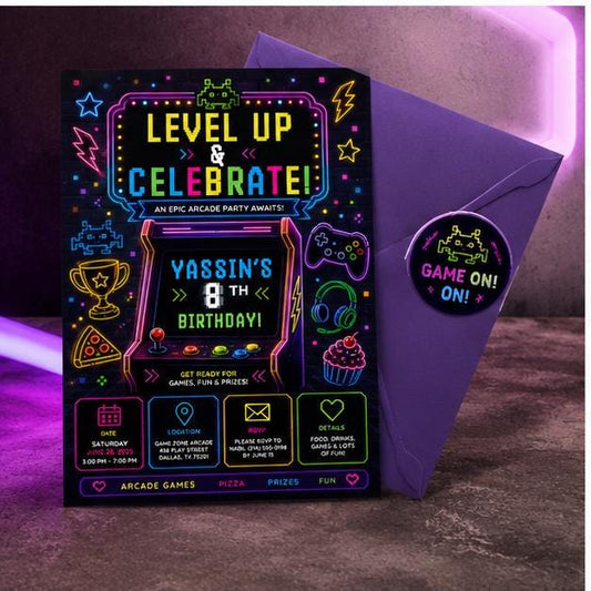 Editable Gamer Birthday Invitation Canva Template, Blue Green Neon Boys Cute Modern Fun Themed DIY Party Invite, Printable Digital Download.