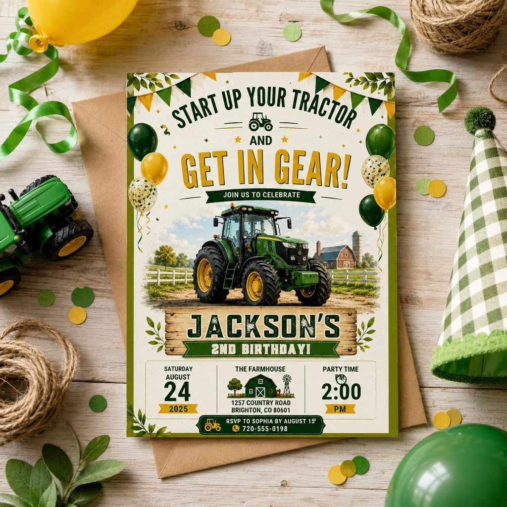 Editable Farm Animals Birthday Invitation Canva Template, Green Kids Farm Cute Modern Fun DIY Chic Party Invite, Printable Digital Download.