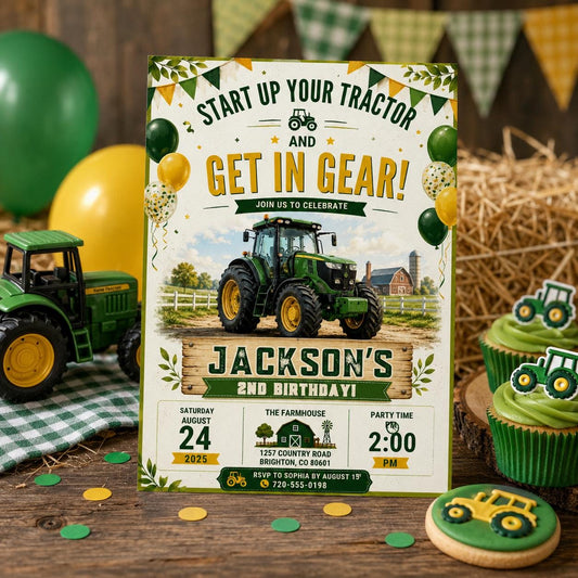 Editable Farm Animals Birthday Invitation Canva Template, Green Kids Farm Cute Modern Fun DIY Chic Party Invite, Printable Digital Download.