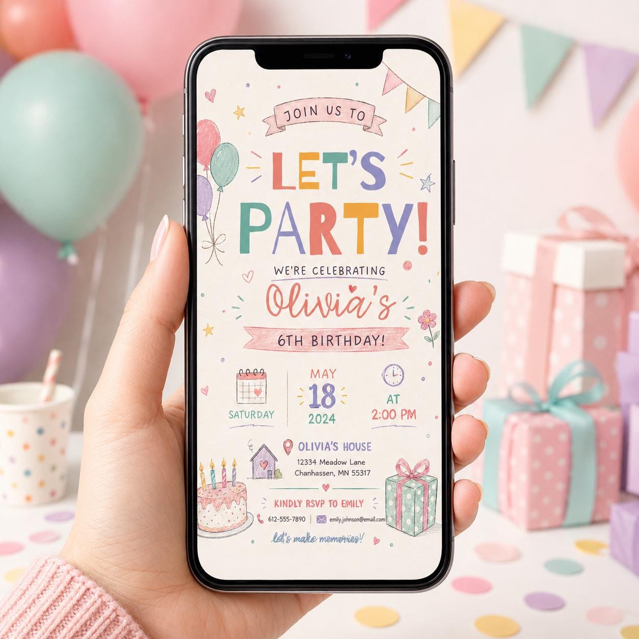 Editable Let Birthday Invitation Canva Template, Pastel Preppy Girls Cute Modern Fun DIY Chic Kids Party Invite, Printable Digital Download.