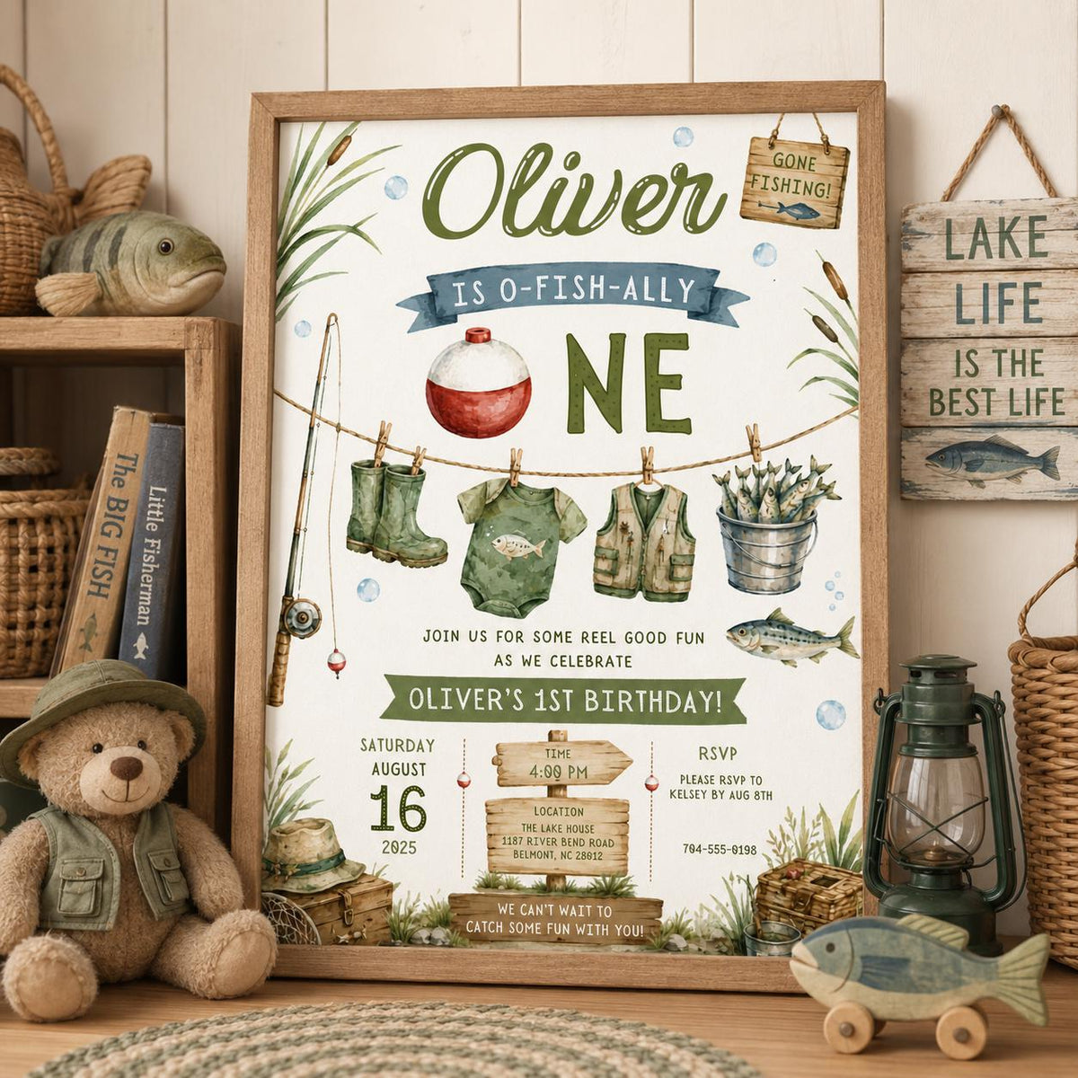 Editable Fishing Birthday Invitation Canva Template, Boys Kids Cute Modern Fun DIY Sweet Chic Teen Party Invite, Printable Digital Download.