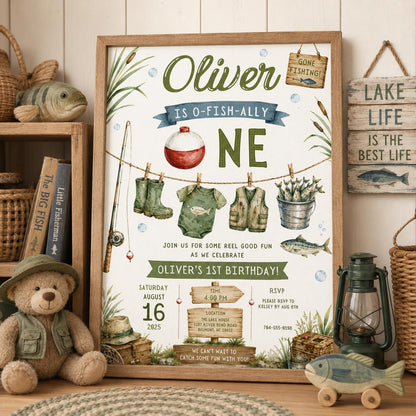 Editable Fishing Birthday Invitation Canva Template, Boys Kids Cute Modern Fun DIY Sweet Chic Teen Party Invite, Printable Digital Download.