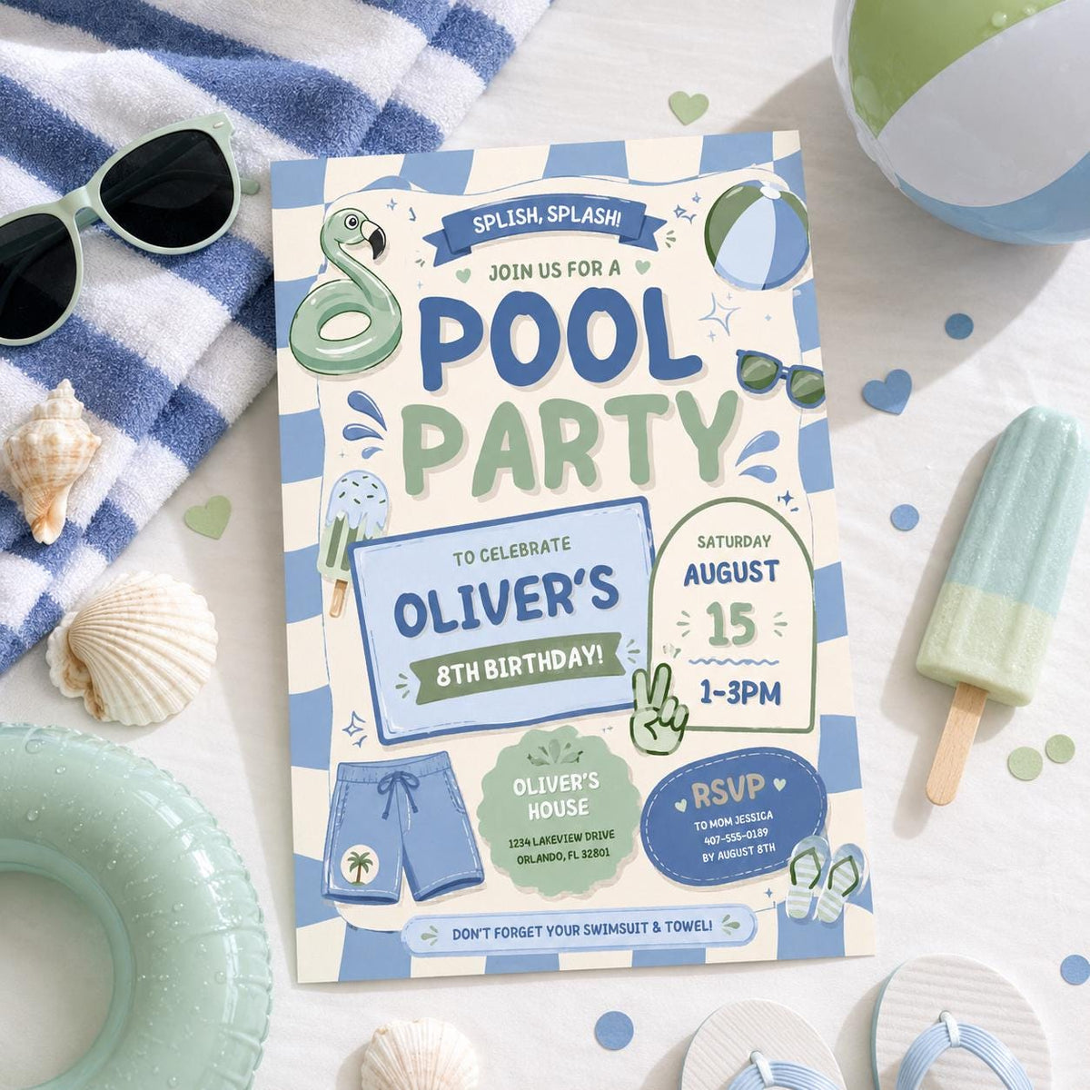 Editable Pool Birthday Invitation Canva Template, Blue Green Boys Kids Pool Cute Fun DIY Chic Teen Party Invite, Printable Digital Download.