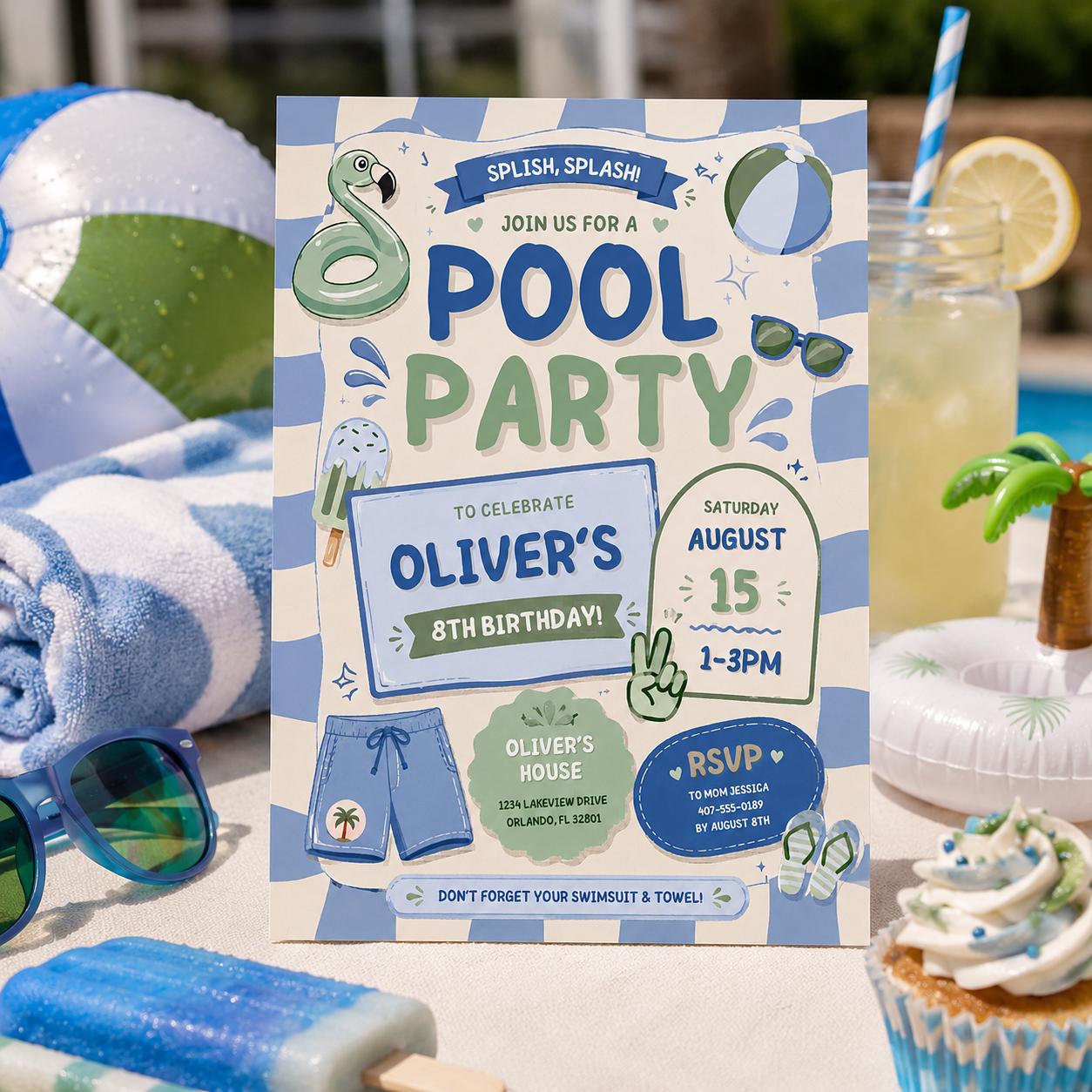 Editable Pool Birthday Invitation Canva Template, Blue Green Boys Kids Pool Cute Fun DIY Chic Teen Party Invite, Printable Digital Download.