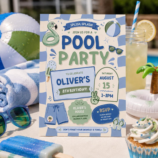 Editable Pool Birthday Invitation Canva Template, Blue Green Boys Kids Pool Cute Fun DIY Chic Teen Party Invite, Printable Digital Download.