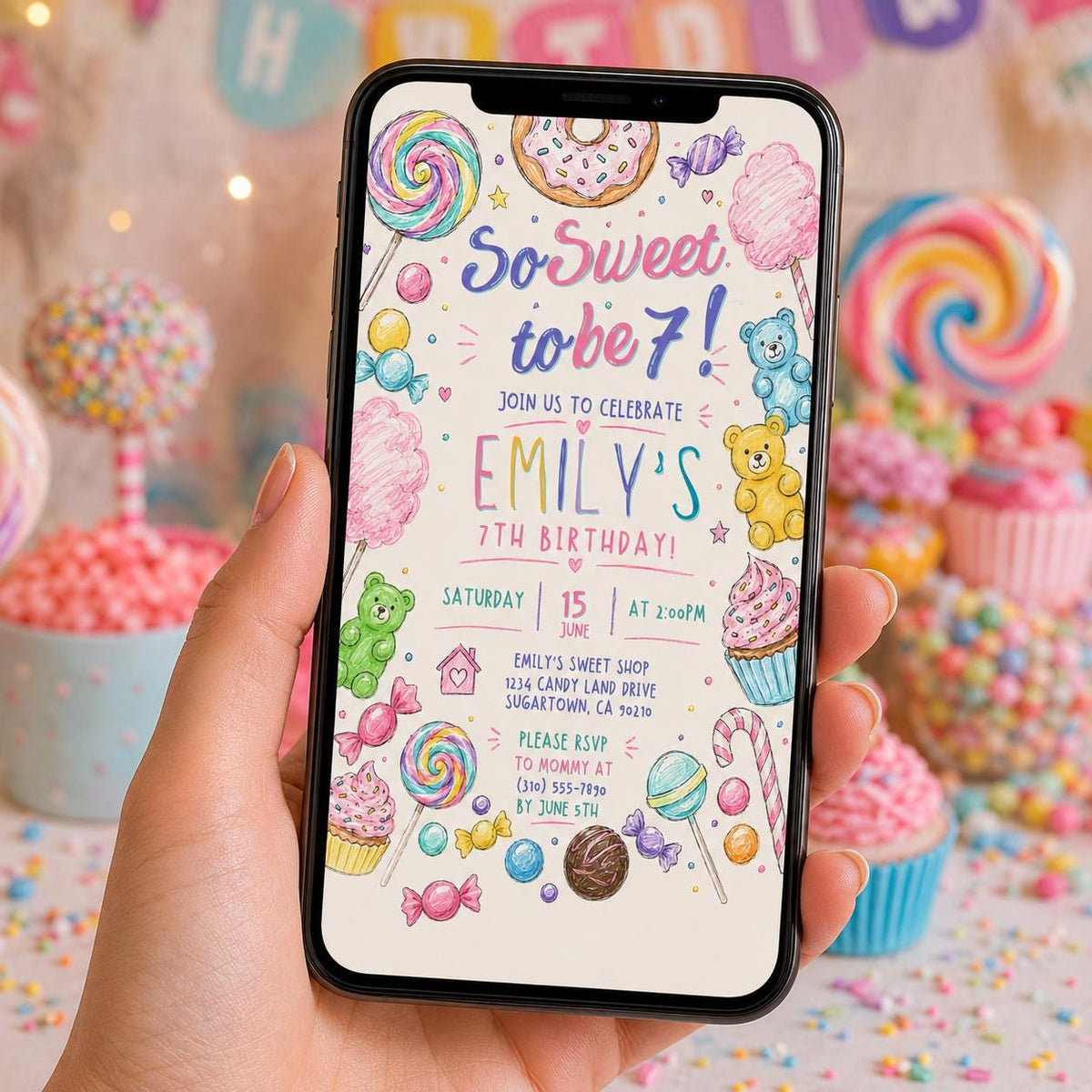 Editable Candy Birthday Invitation Canva Template, Pastel Cute Girls Kids Candy Fun DIY Sweet Chic Party Invite, Printable Digital Download.
