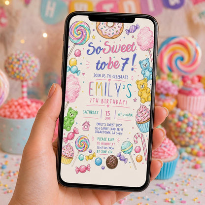 Editable Candy Birthday Invitation Canva Template, Pastel Cute Girls Kids Candy Fun DIY Sweet Chic Party Invite, Printable Digital Download.
