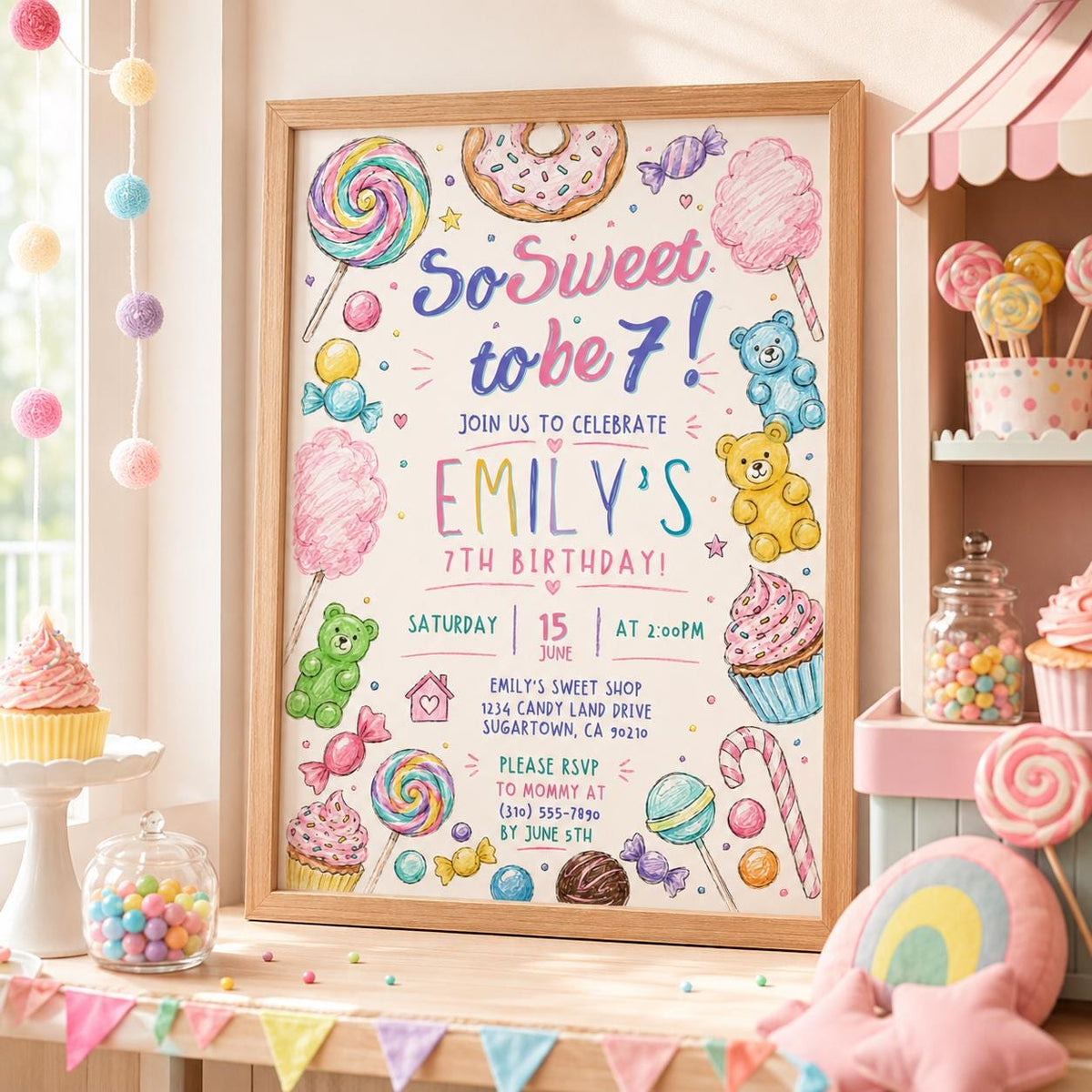 Editable Candy Birthday Invitation Canva Template, Pastel Cute Girls Kids Candy Fun DIY Sweet Chic Party Invite, Printable Digital Download.