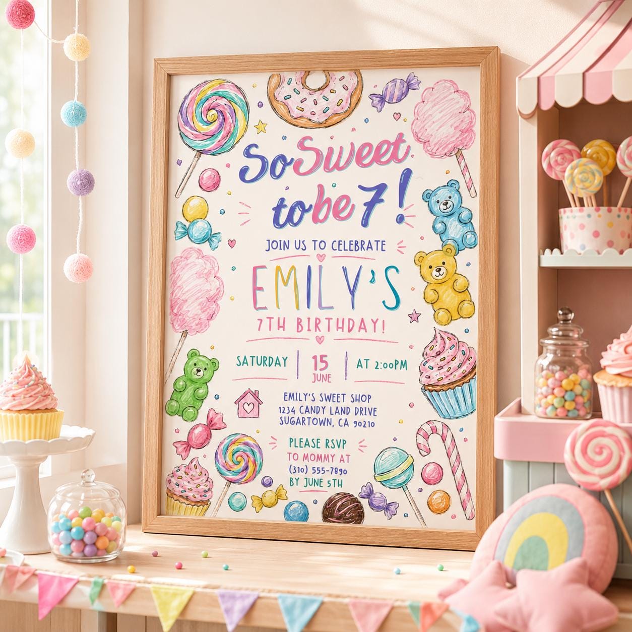Editable Candy Birthday Invitation Canva Template, Pastel Cute Girls Kids Candy Fun DIY Sweet Chic Party Invite, Printable Digital Download.