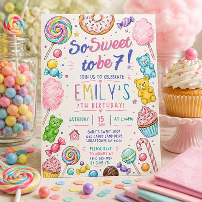 Editable Candy Birthday Invitation Canva Template, Pastel Cute Girls Kids Candy Fun DIY Sweet Chic Party Invite, Printable Digital Download.