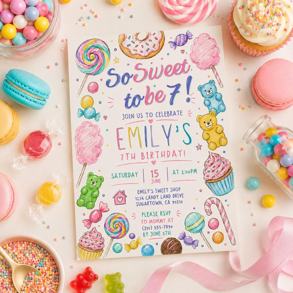 Editable Candy Birthday Invitation Canva Template, Pastel Cute Girls Kids Candy Fun DIY Sweet Chic Party Invite, Printable Digital Download.