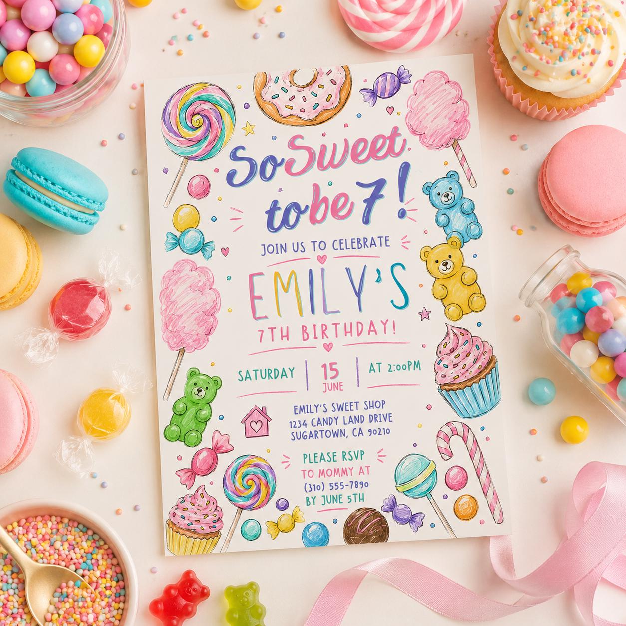 Editable Candy Birthday Invitation Canva Template, Pastel Cute Girls Kids Candy Fun DIY Sweet Chic Party Invite, Printable Digital Download.