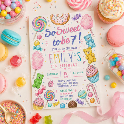 Editable Candy Birthday Invitation Canva Template, Pastel Cute Girls Kids Candy Fun DIY Sweet Chic Party Invite, Printable Digital Download.