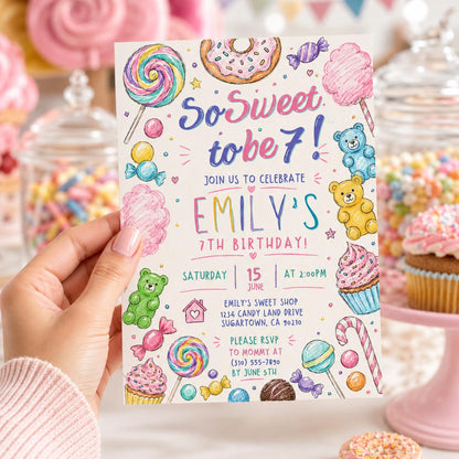 Editable Candy Birthday Invitation Canva Template, Pastel Cute Girls Kids Candy Fun DIY Sweet Chic Party Invite, Printable Digital Download.