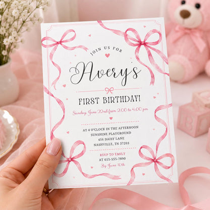 Editable Pink Bow Birthday Invitation Canva Template, Preppy Girls Kids Bow Cute Fun DIY Chic Teen Party Invite, Printable Digital Download.