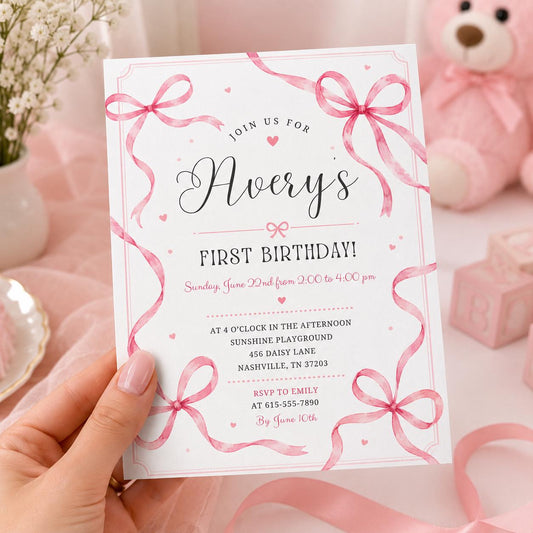 Editable Pink Bow Birthday Invitation Canva Template, Preppy Girls Kids Bow Cute Fun DIY Chic Teen Party Invite, Printable Digital Download.