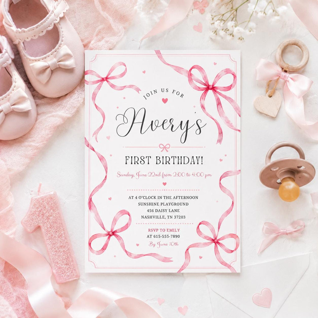 Editable Pink Bow Birthday Invitation Canva Template, Preppy Girls Kids Bow Cute Fun DIY Chic Teen Party Invite, Printable Digital Download.