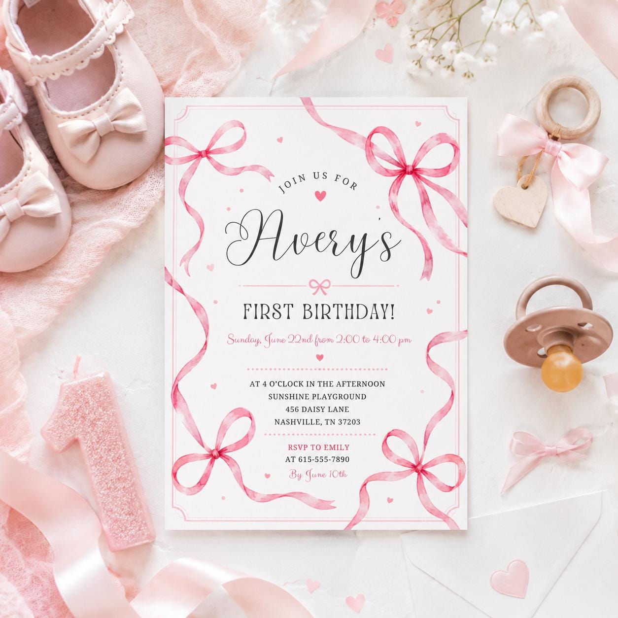Editable Pink Bow Birthday Invitation Canva Template, Preppy Girls Kids Bow Cute Fun DIY Chic Teen Party Invite, Printable Digital Download.