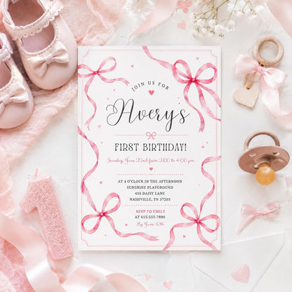 Editable Pink Bow Birthday Invitation Canva Template, Preppy Girls Kids Bow Cute Fun DIY Chic Teen Party Invite, Printable Digital Download.