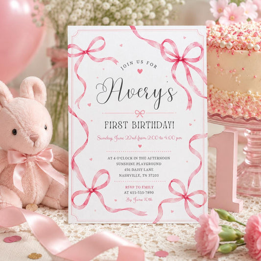 Editable Pink Bow Birthday Invitation Canva Template, Preppy Girls Kids Bow Cute Fun DIY Chic Teen Party Invite, Printable Digital Download.