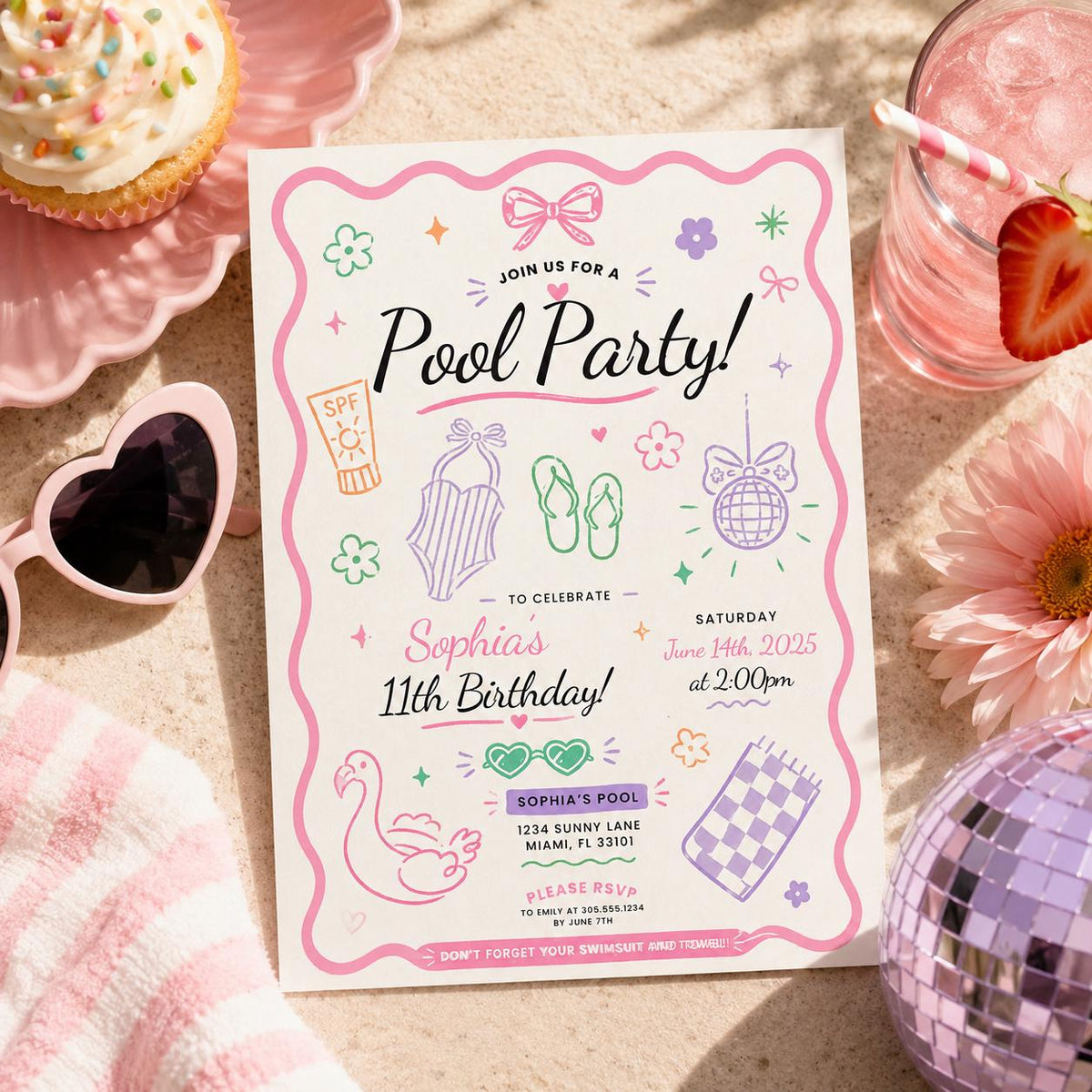 Editable Summer Pool Party Birthday Invitation Canva Template, Cute Pastel Girls Teen Swim Party Invite, Any Age Printable Digital Download.