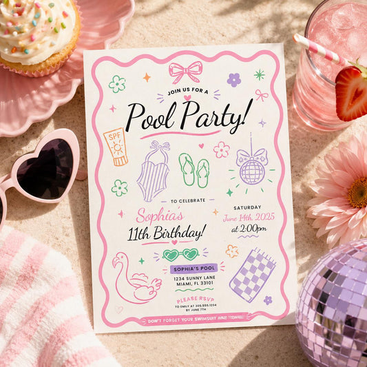 Editable Summer Pool Party Birthday Invitation Canva Template, Cute Pastel Girls Teen Swim Party Invite, Any Age Printable Digital Download.