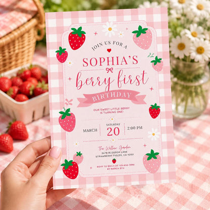 Editable Berry First Birthday Invitation Canva Template, Pink Girls Kids Cute Modern Fun DIY Sweet Party Invite, Printable Digital Download.