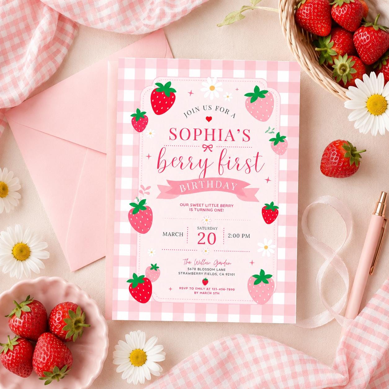 Editable Berry First Birthday Invitation Canva Template, Pink Girls Kids Cute Modern Fun DIY Sweet Party Invite, Printable Digital Download.