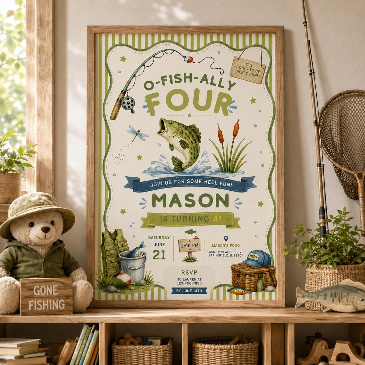 Editable Fishing Birthday Invitation Canva Template, Boys Kids Cute Modern Fun DIY Sweet Chic Teen Party Invite, Printable Digital Download.