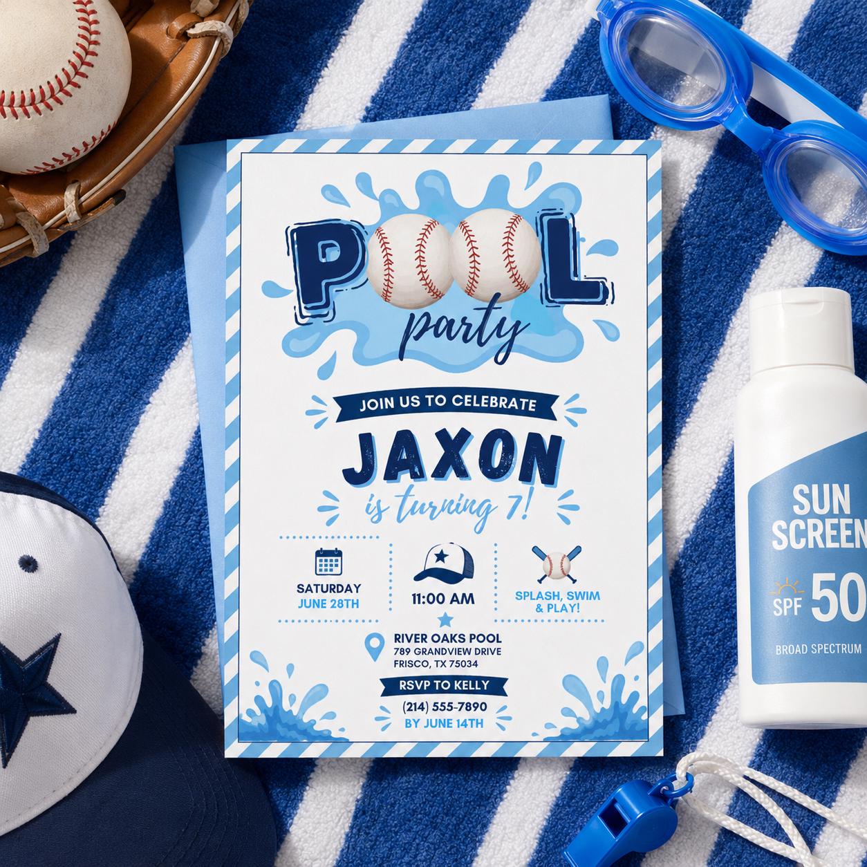 Editable Baseball Pool Birthday Invitation Canva Template, Boys Pool Cute Modern Fun DIY Chic Kids Party Invite, Printable Digital Download.
