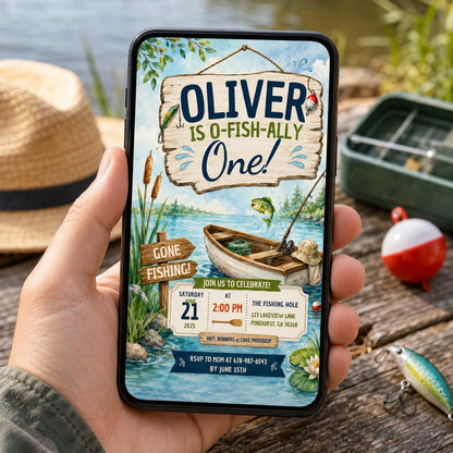 Editable Fishing Birthday Invitation Canva Template, Boys Kids Cute Modern Fun DIY Sweet Chic Teen Party Invite, Printable Digital Download.