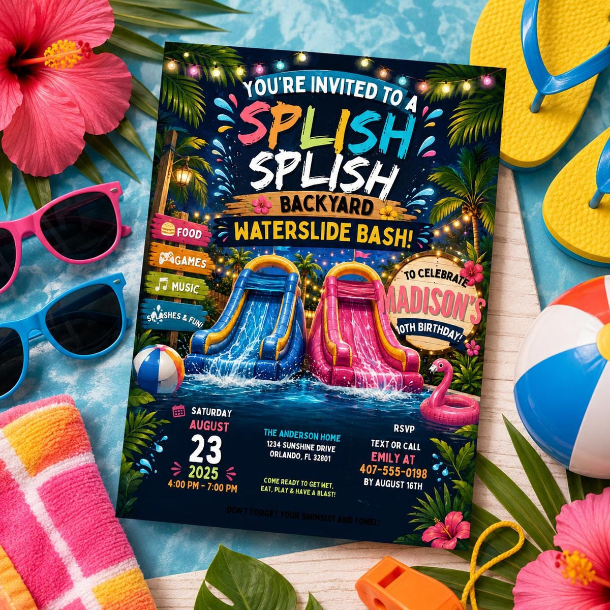Editable Pool Birthday Invitation Canva Template, Pool Cute Modern Fun Themed Custom DIY Chic Kids Party Invite, Printable Digital Download.
