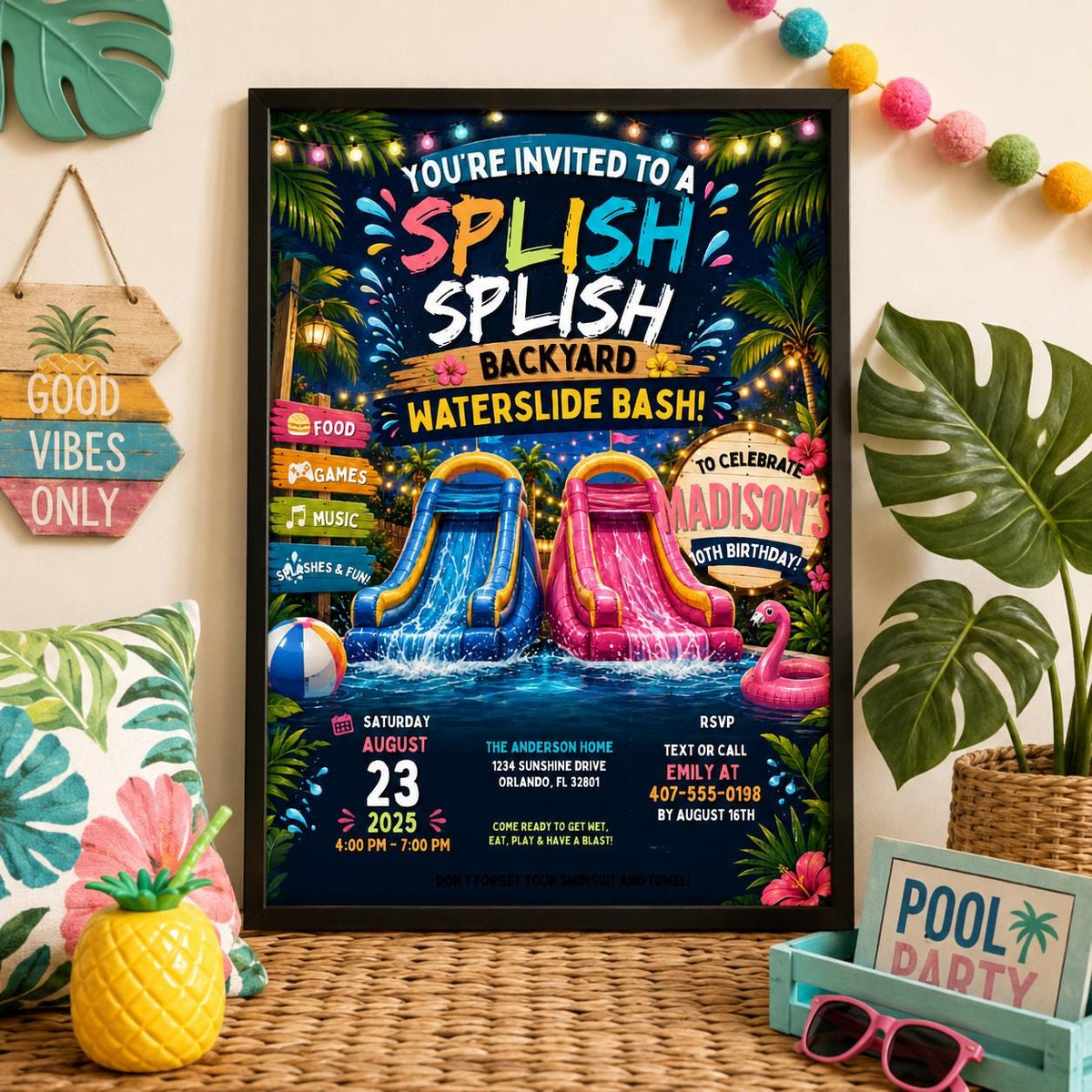 Editable Pool Birthday Invitation Canva Template, Pool Cute Modern Fun Themed Custom DIY Chic Kids Party Invite, Printable Digital Download.