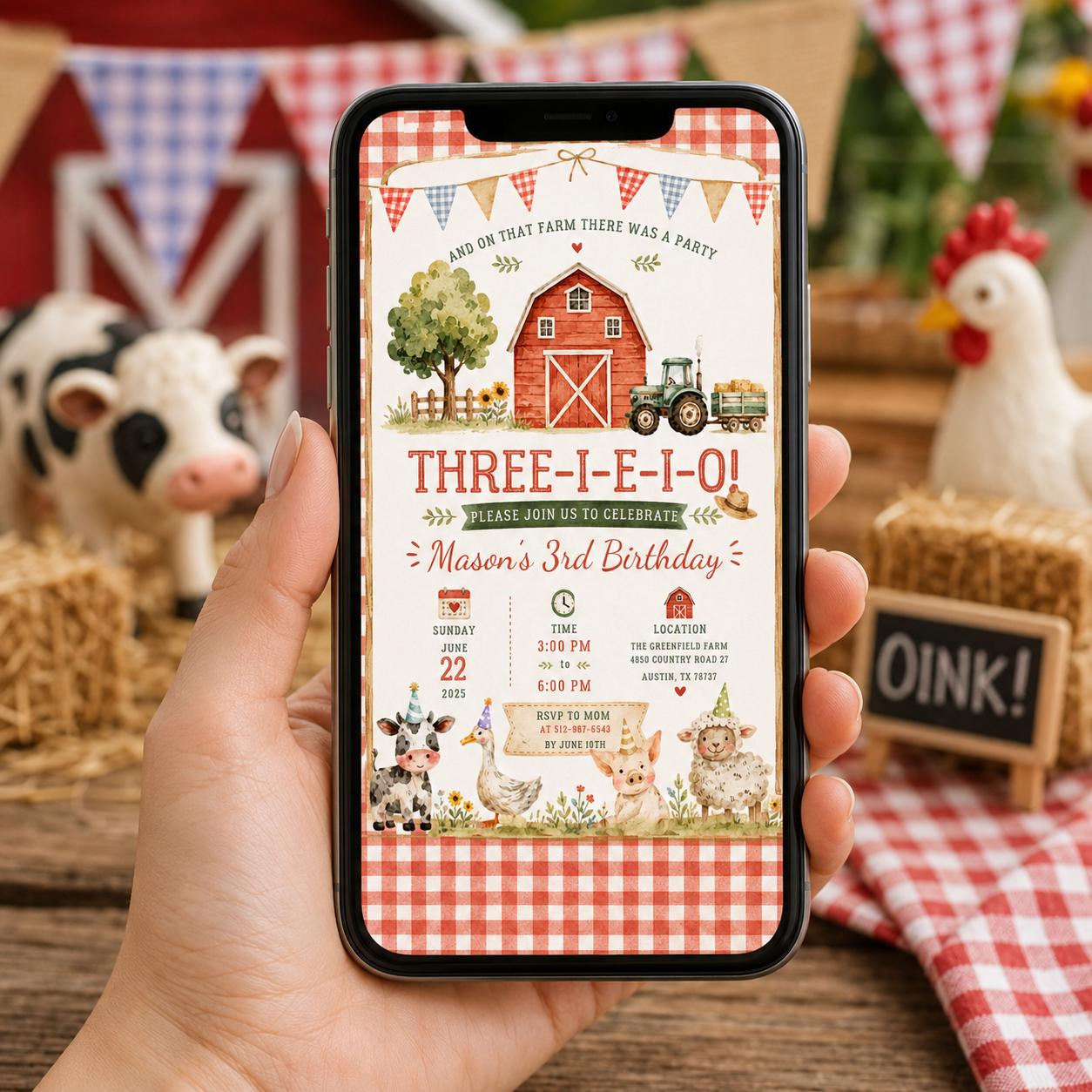 Editable Farm Animals Birthday Invitation Canva Template, Cute Boys Kids Farm Modern Fun DIY Sweet Party Invite, Printable Digital Download.