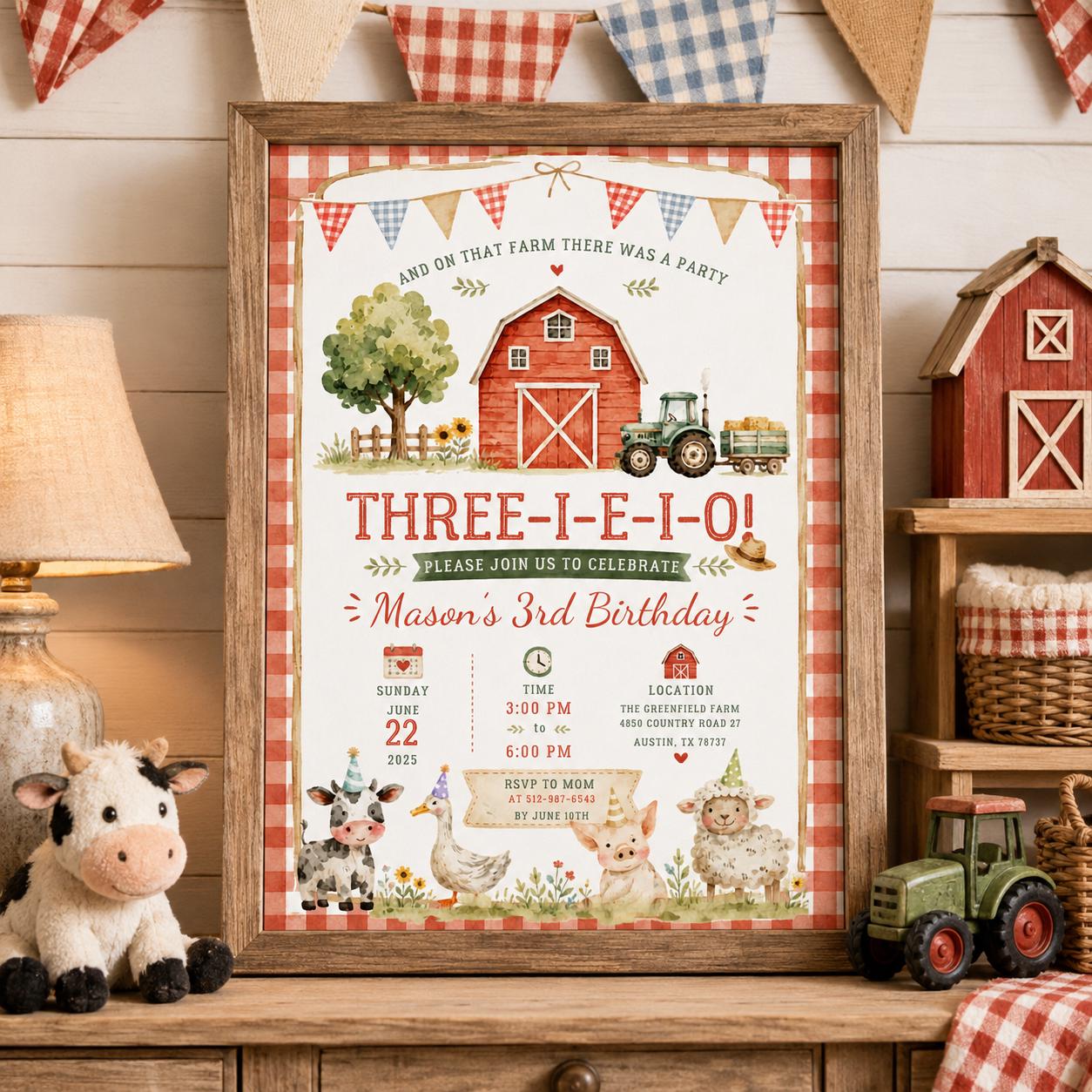 Editable Farm Animals Birthday Invitation Canva Template, Cute Boys Kids Farm Modern Fun DIY Sweet Party Invite, Printable Digital Download.