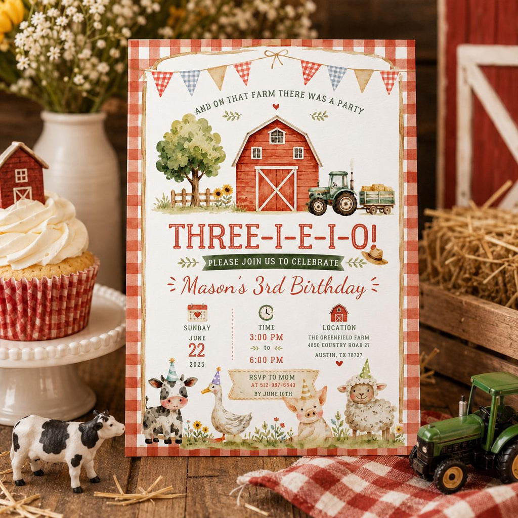 Editable Farm Animals Birthday Invitation Canva Template, Cute Boys Kids Farm Modern Fun DIY Sweet Party Invite, Printable Digital Download.