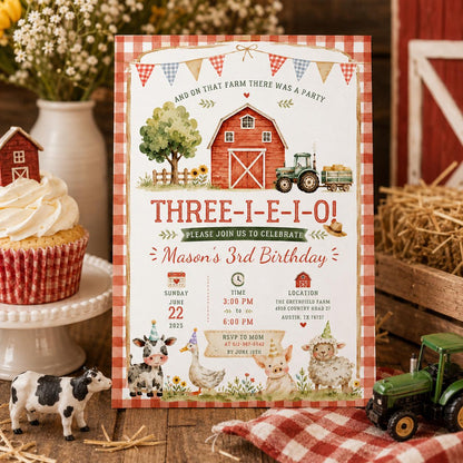 Editable Farm Animals Birthday Invitation Canva Template, Cute Boys Kids Farm Modern Fun DIY Sweet Party Invite, Printable Digital Download.