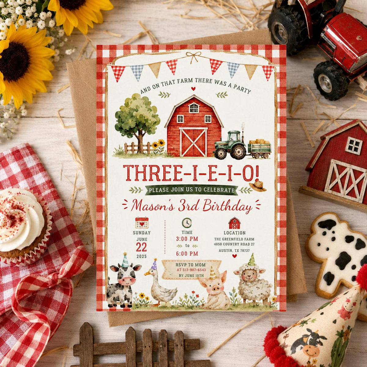 Editable Farm Animals Birthday Invitation Canva Template, Cute Boys Kids Farm Modern Fun DIY Sweet Party Invite, Printable Digital Download.