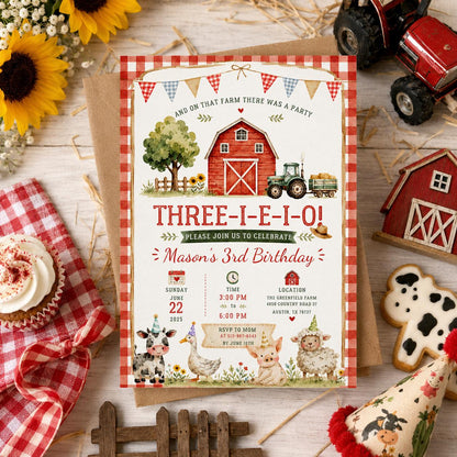 Editable Farm Animals Birthday Invitation Canva Template, Cute Boys Kids Farm Modern Fun DIY Sweet Party Invite, Printable Digital Download.