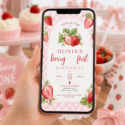Editable Berry First Birthday Invitation Canva Template, Pink Girls Kids Cute Modern Fun DIY Sweet Party Invite, Printable Digital Download.