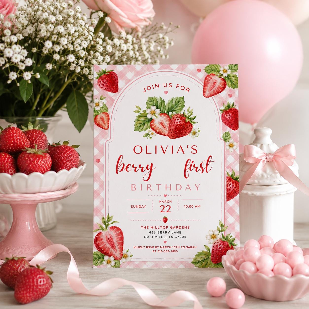 Editable Berry First Birthday Invitation Canva Template, Pink Girls Kids Cute Modern Fun DIY Sweet Party Invite, Printable Digital Download.